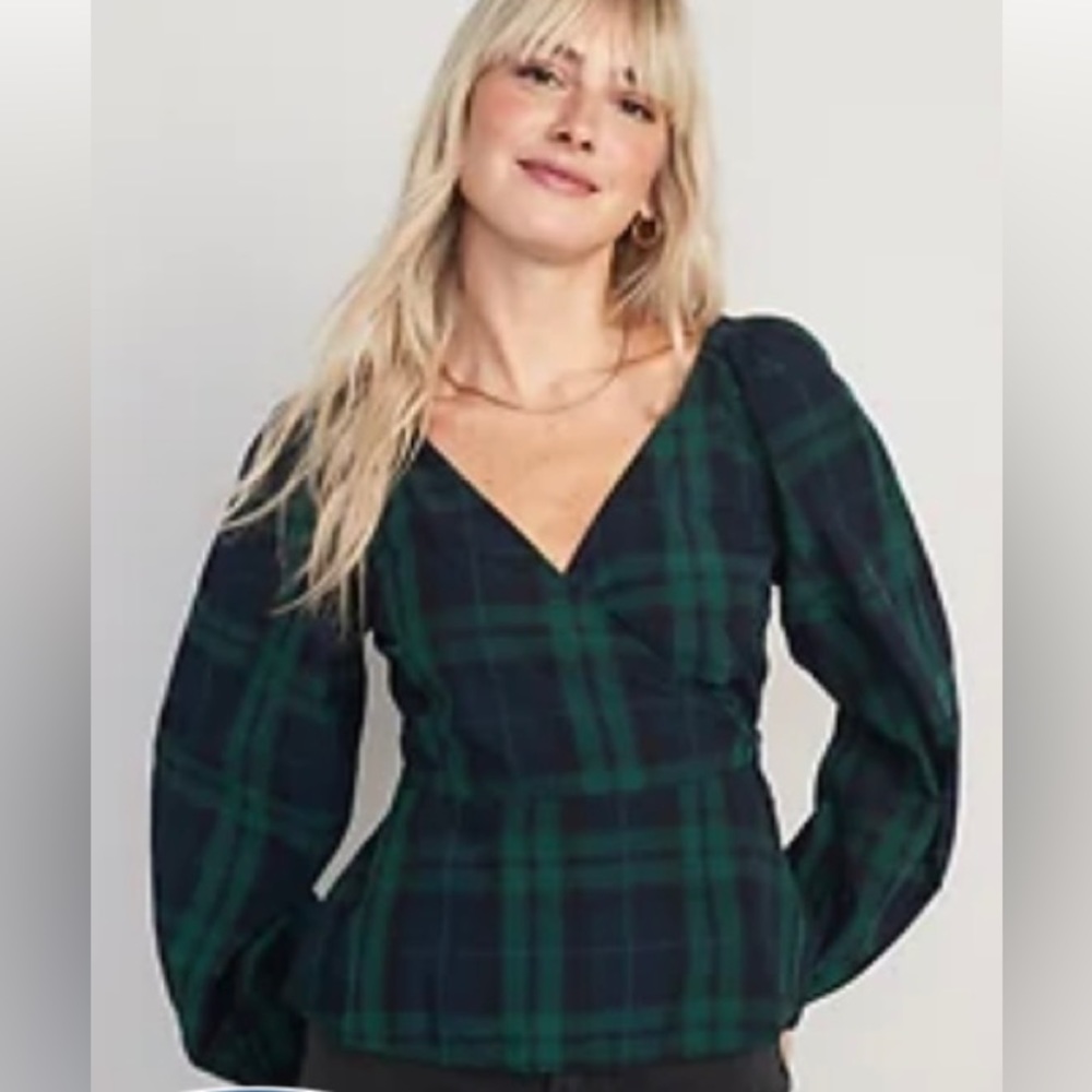 Puff-Sleeve Plaid Smocked Seersucker Wrap Blouse for Women